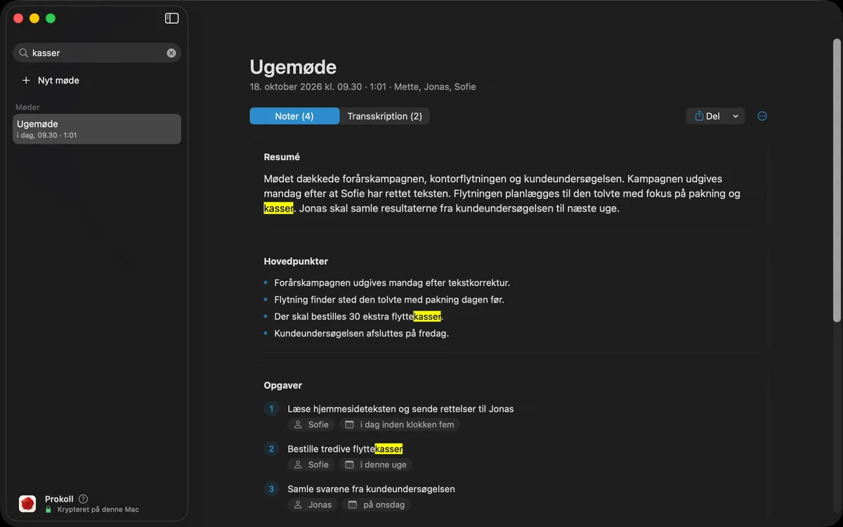 Søgning efter et ord i alle møder: Prokoll viser hvert sted, hvor det forekommer, i noterne og i transskriptionen.