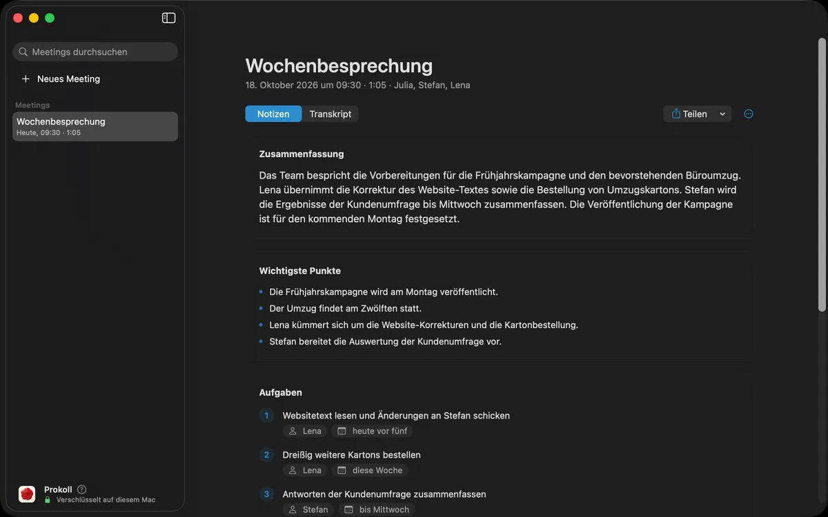 Einen Abschnitt der Notizen kopieren, fertig zum Einfügen in eine E-Mail.