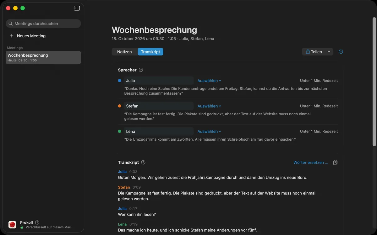 Die Stimmen eines Meetings benennen: Jeder Sprecher bekommt einmal einen Namen, und Transkript und Notizen zeigen ihn überall. Danach wird ein falsch erkannter Name im ganzen Meeting auf einmal korrigiert.