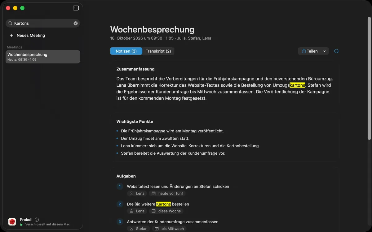 Alle Meetings nach einem Wort durchsuchen: Prokoll zeigt jede Stelle, an der es vorkommt, in den Notizen und im Transkript.