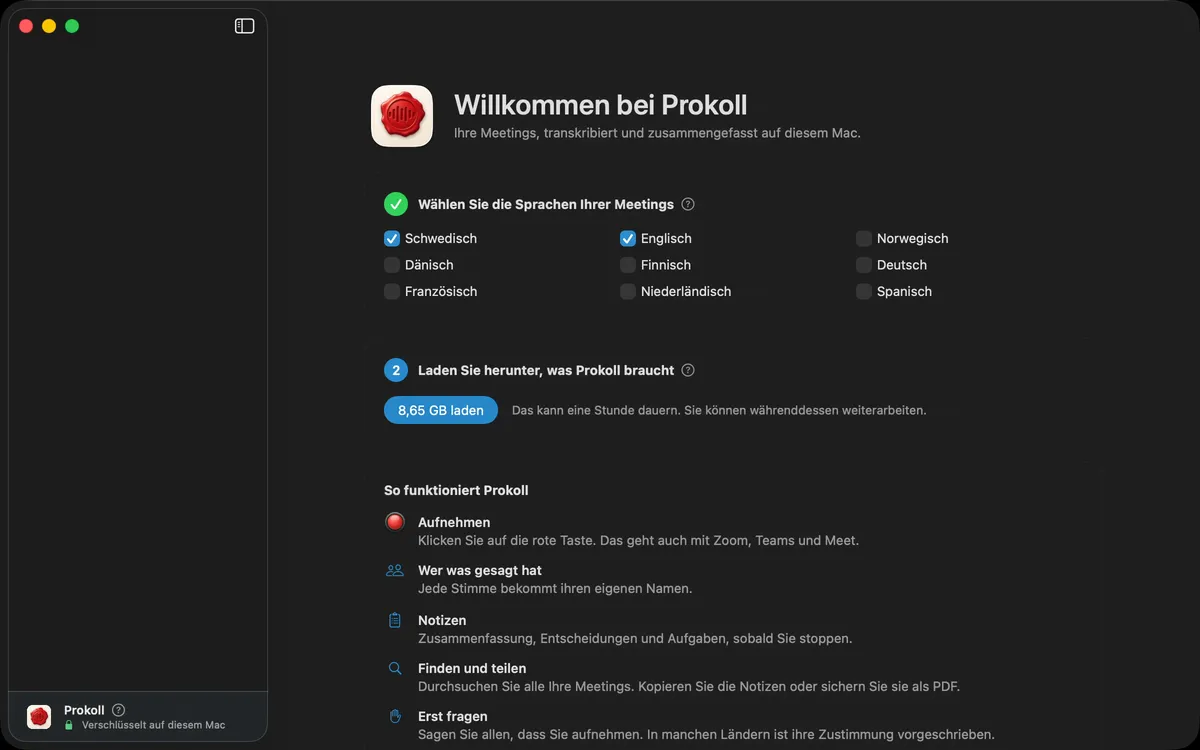 Prokoll zum ersten Mal öffnen: die Meeting-Sprachen wählen, dann der einmalige Download, den Prokoll zum Arbeiten auf dem Mac braucht.