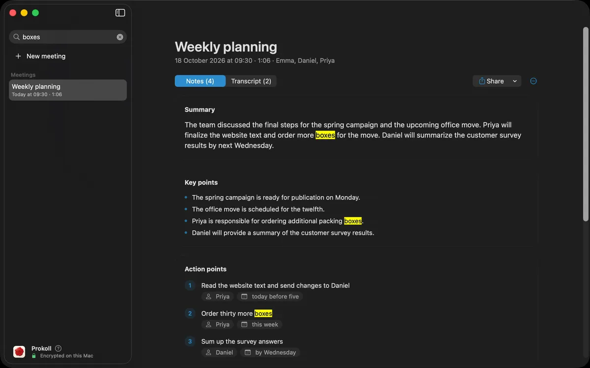 Searching every meeting for a word: Prokoll shows each place it appears, in the notes and in the transcript.