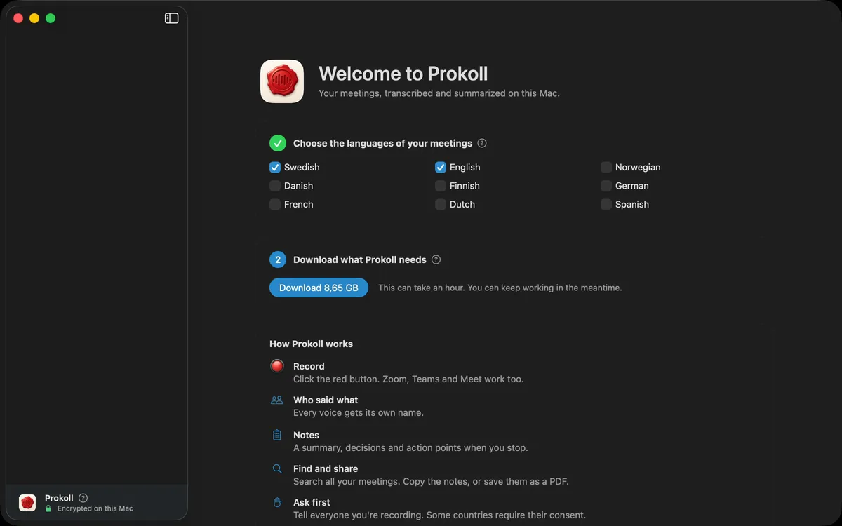 Opening Prokoll for the first time: choosing the meeting languages, then the one-time download Prokoll needs to work on the Mac.