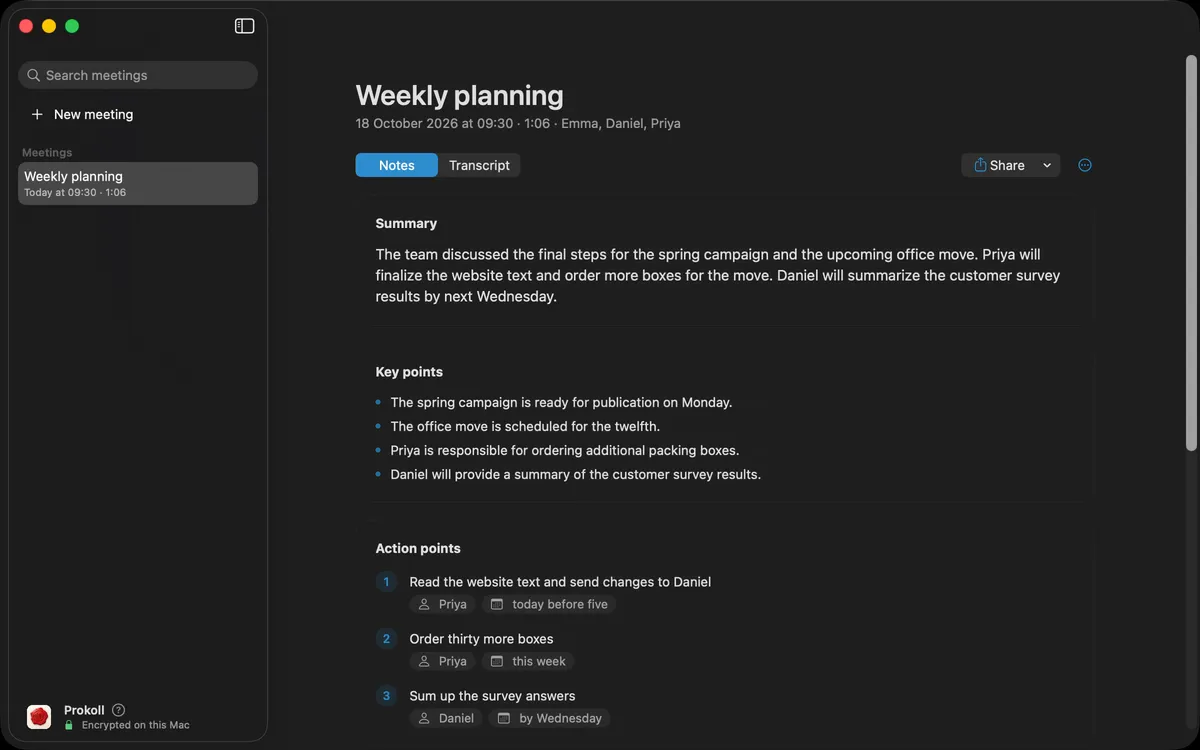 Searching every meeting for a word, opening the meeting where it appears, copying one section of the notes for an email, and sharing the notes as a PDF or by email with the Share button.
