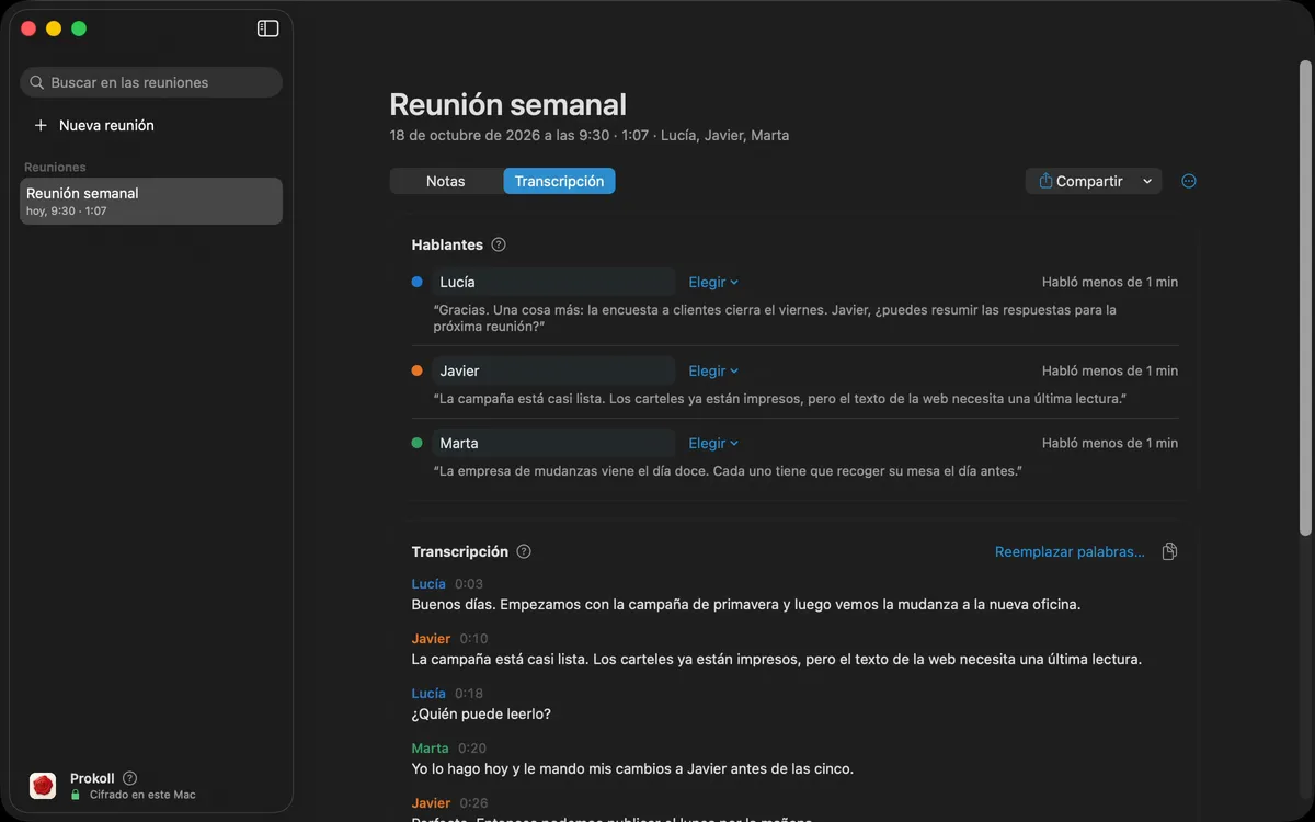 Poner nombre a las voces de una reunión: cada hablante recibe un nombre una sola vez, y la transcripción y las notas lo muestran en todas partes. Después, un nombre mal entendido se corrige de una vez en toda la reunión.