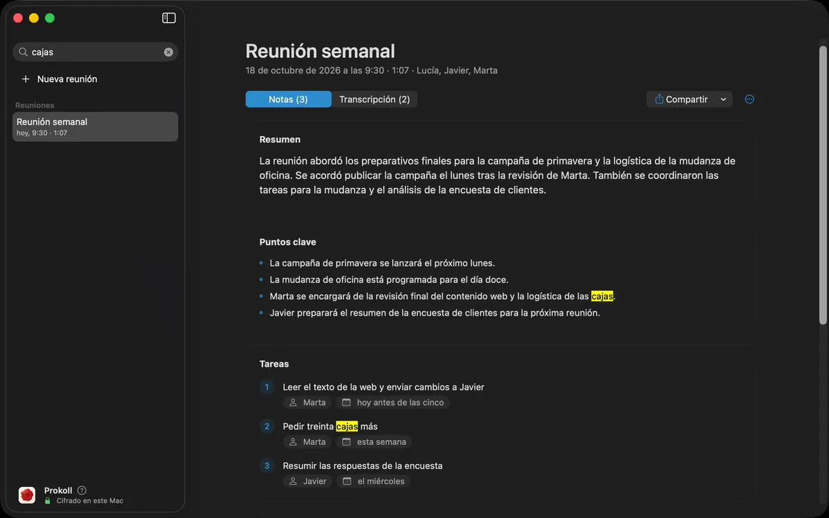 Buscar una palabra en todas las reuniones: Prokoll muestra cada lugar donde aparece, en las notas y en la transcripción.