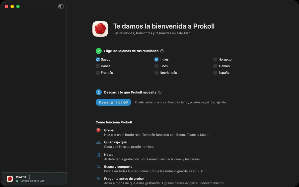 Abrir Prokoll por primera vez: elegir los idiomas de las reuniones y, después, la descarga única que Prokoll necesita para funcionar en el Mac.