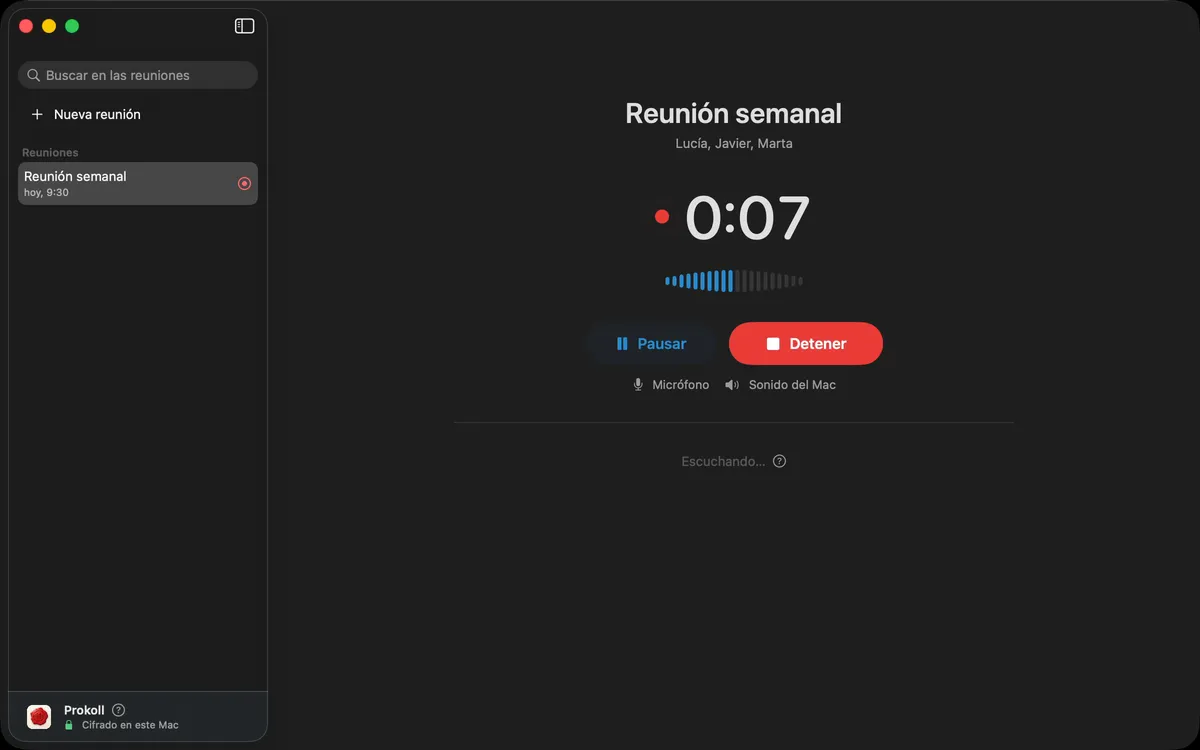 Cómo empezar una reunión en Prokoll: se añaden los participantes, se activa Sonido del Mac junto al micrófono y empieza la grabación.