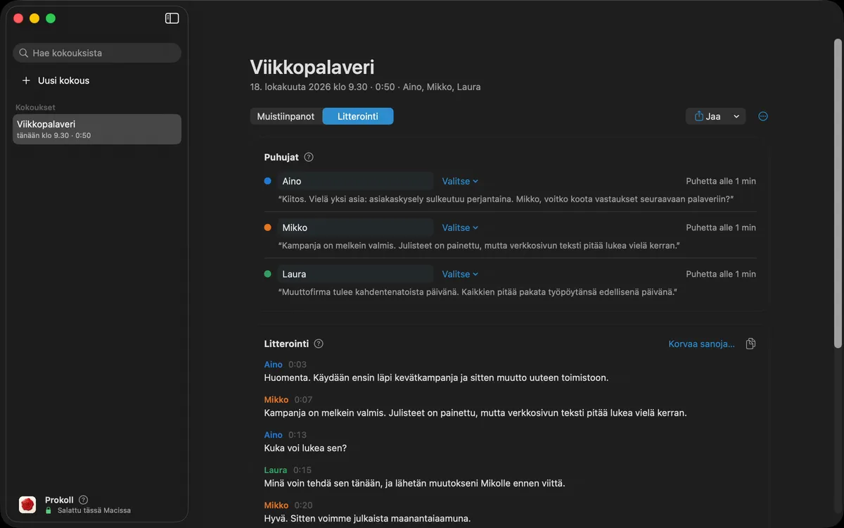 Äänten nimeäminen kokouksessa: jokainen puhuja nimetään kerran, ja nimi näkyy kaikkialla litteroinnissa ja muistiinpanoissa. Sitten väärin kuultu nimi korjataan koko kokoukseen kerralla.