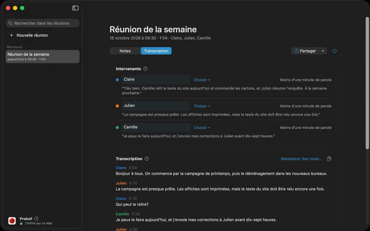 Nommer les voix d’une réunion : chaque intervenant reçoit un nom une seule fois, et la transcription comme les notes l’affichent partout. Puis un nom mal compris est corrigé d’un coup dans toute la réunion.