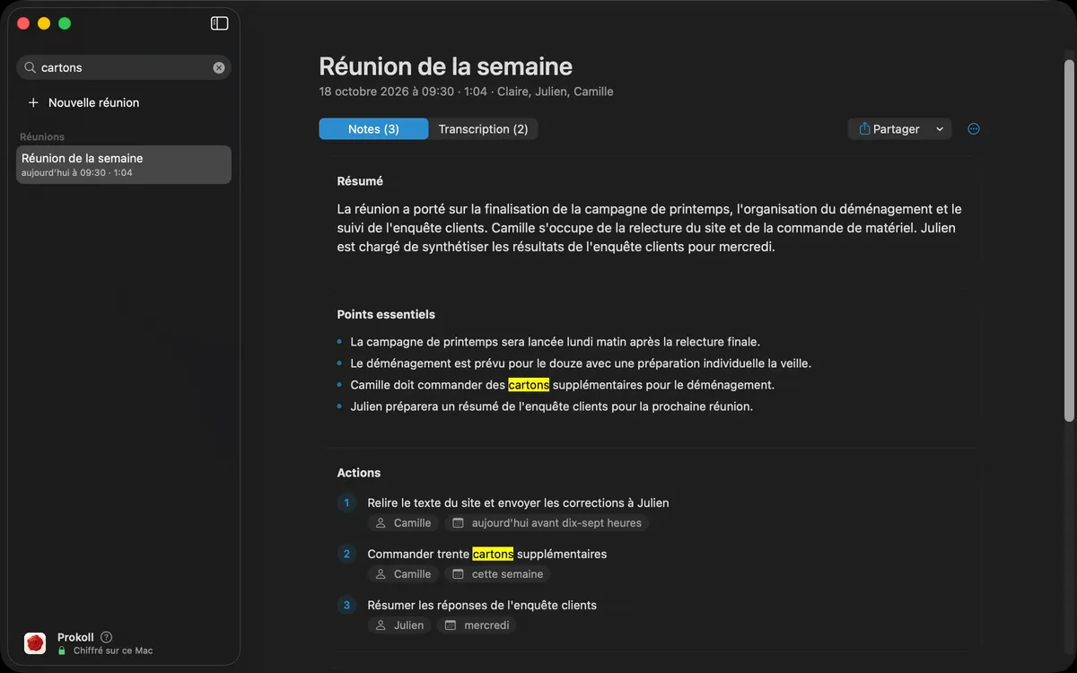 Rechercher un mot dans toutes les réunions : Prokoll montre chaque endroit où il apparaît, dans les notes et dans la transcription.