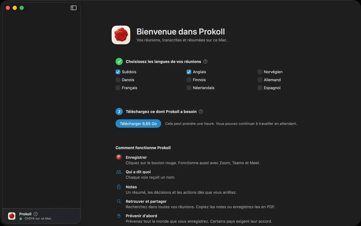 Ouvrir Prokoll pour la première fois : choisir les langues de réunion, puis lancer le téléchargement unique dont Prokoll a besoin pour fonctionner sur le Mac.