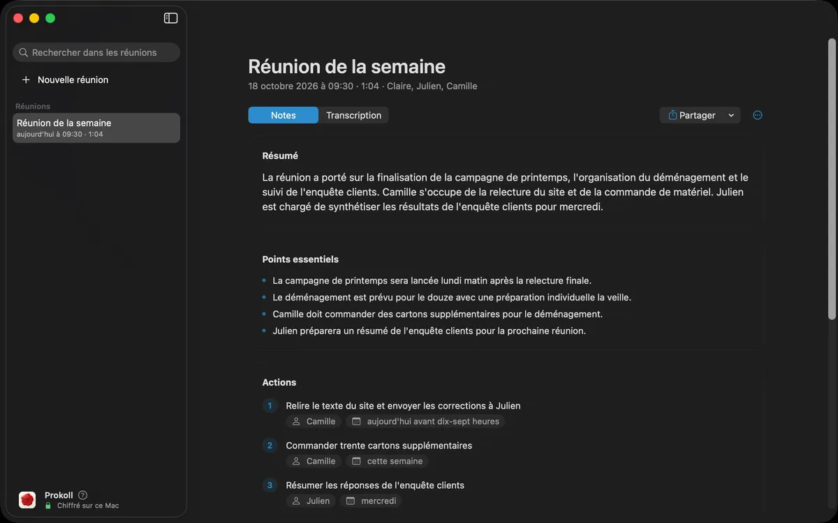 Rechercher un mot dans toutes les réunions, ouvrir la réunion où il apparaît, copier une rubrique des notes pour un e-mail, et partager les notes en PDF ou par e-mail avec le bouton Partager.