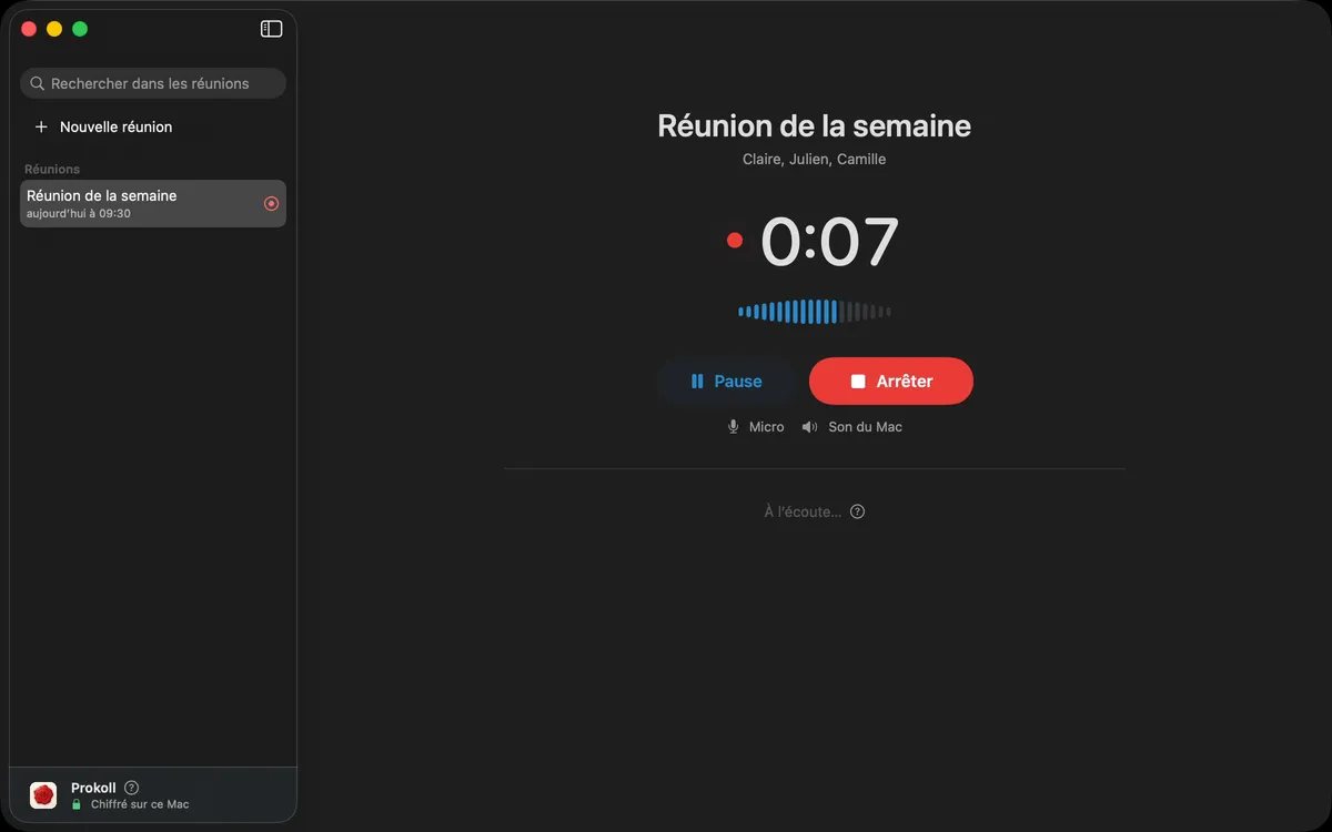 Lancer une réunion dans Prokoll : les participants sont ajoutés, Son du Mac est activé en plus du micro, et l’enregistrement démarre.