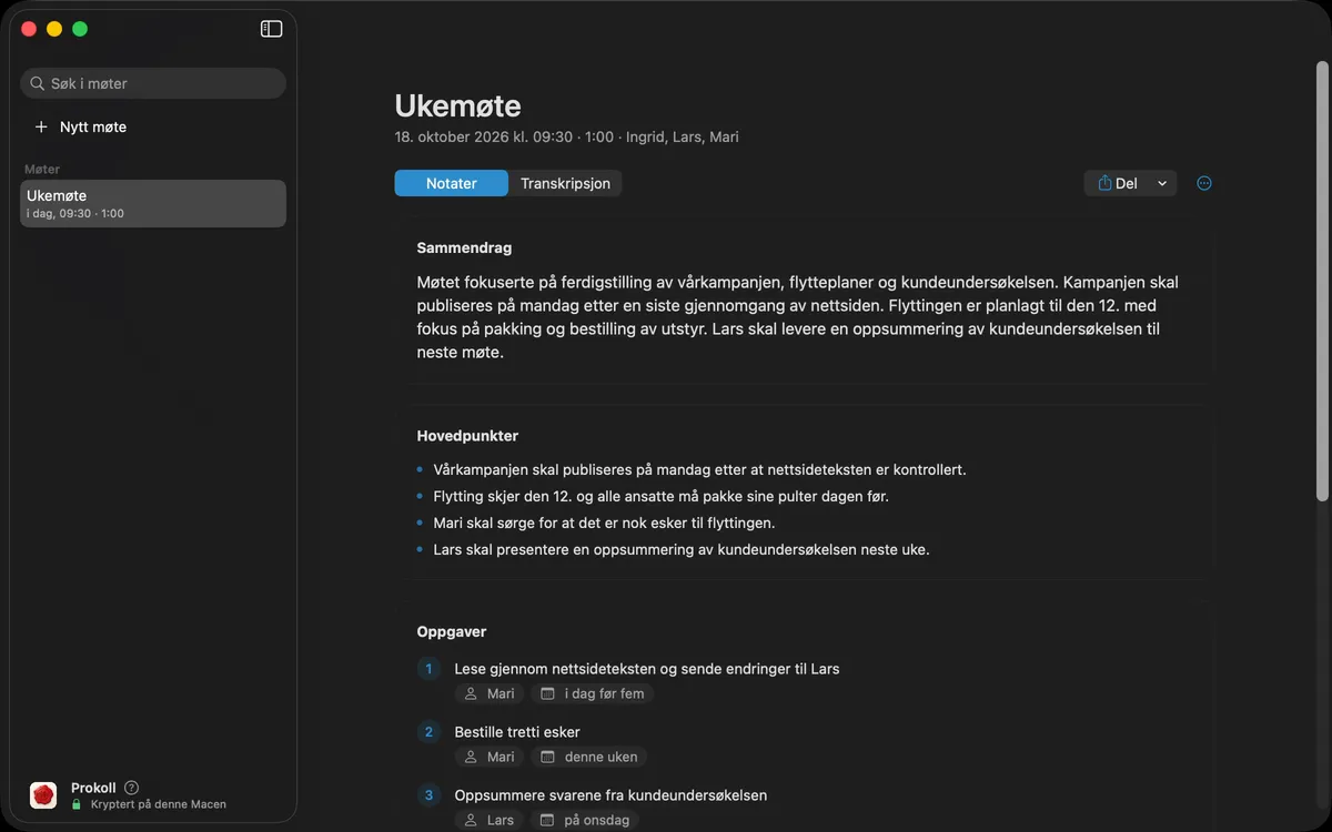 Et ord søkes opp i alle møter, og møtet der ordet står, åpnes. En del av notatene kopieres til en e-post, og notatene deles som PDF eller på e-post med knappen Del.