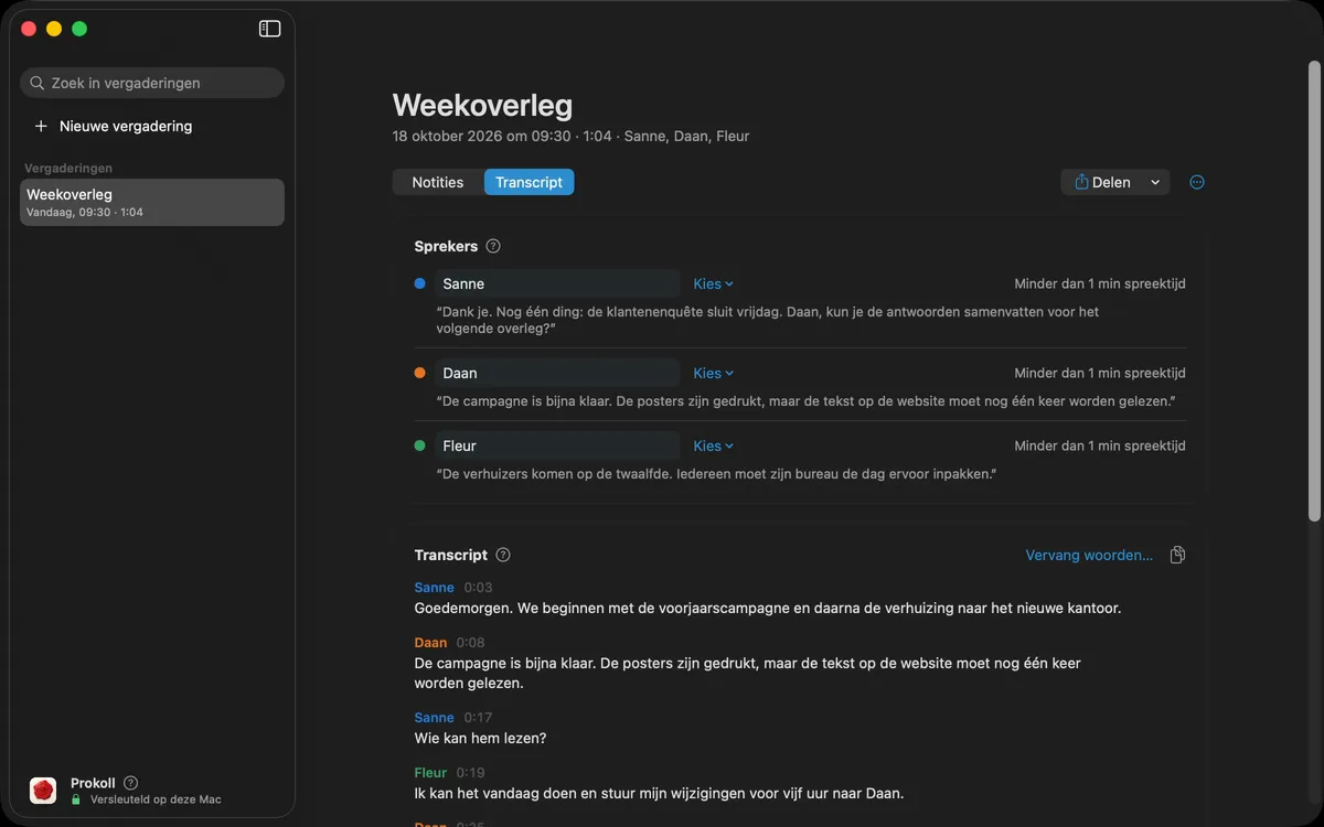 De stemmen in een vergadering een naam geven: elke spreker krijgt één keer een naam, en het transcript en de notities tonen die overal. Daarna wordt een verkeerd verstane naam in één keer in de hele vergadering verbeterd.
