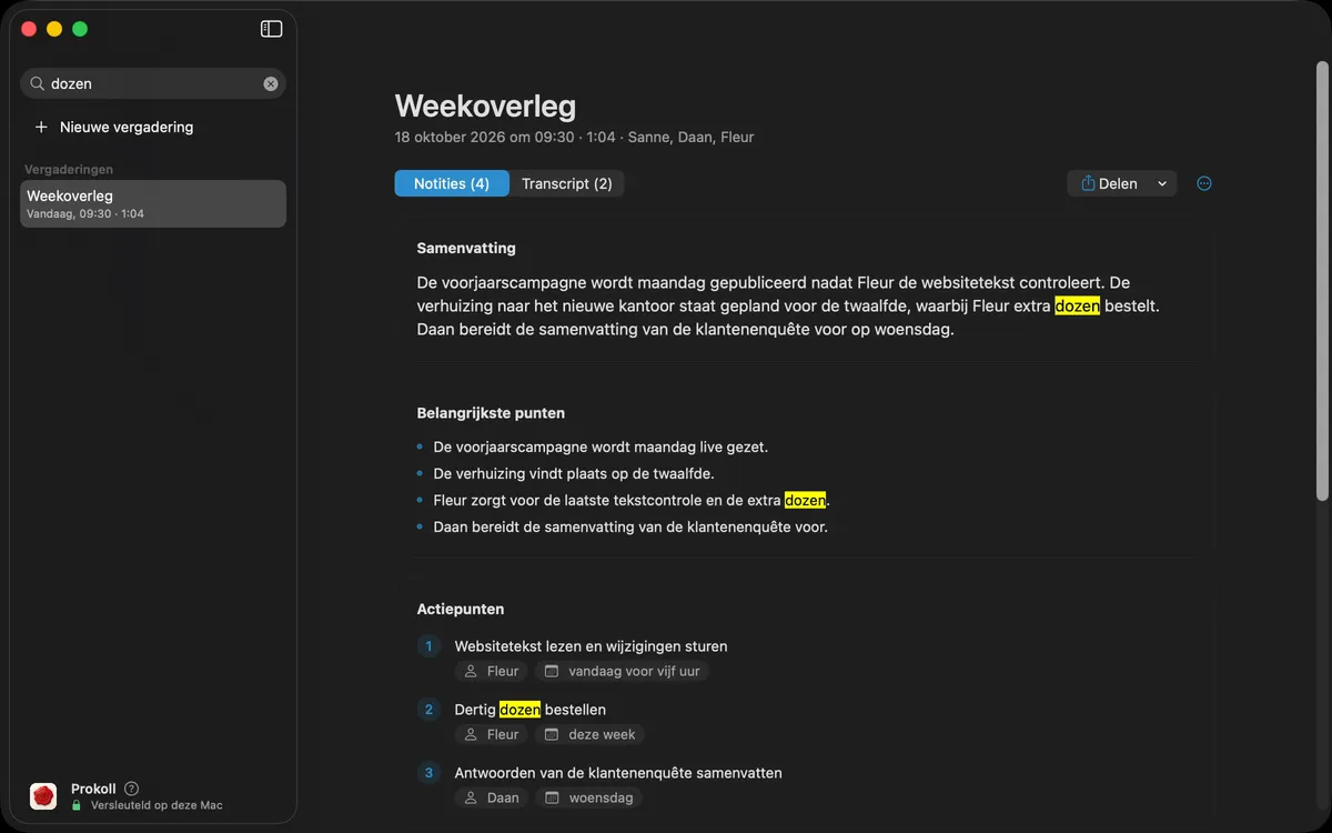 Alle vergaderingen doorzoeken op een woord: Prokoll toont elke plek waar het voorkomt, in de notities en in het transcript.