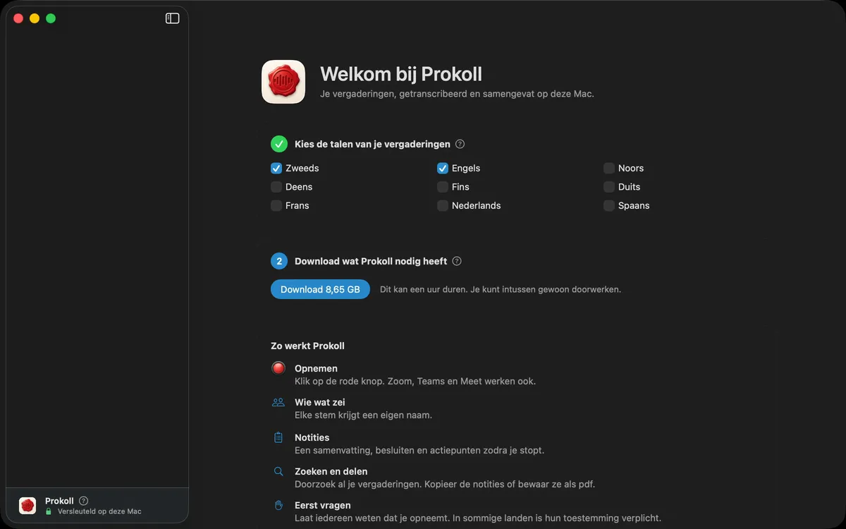 Prokoll voor het eerst openen: de vergadertalen kiezen, en daarna de eenmalige download die Prokoll nodig heeft om op de Mac te werken.
