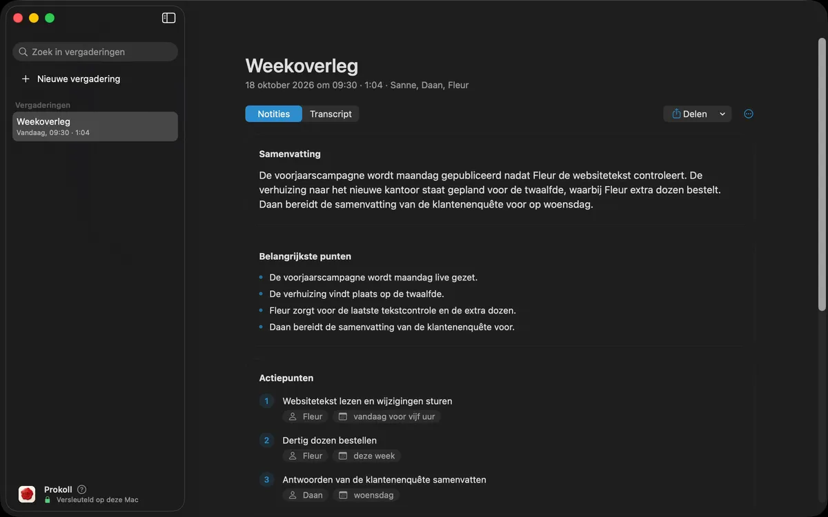Alle vergaderingen doorzoeken op een woord, de vergadering openen waarin het voorkomt, één onderdeel van de notities kopiëren voor een e-mail, en de notities als pdf of per e-mail delen met de knop Delen.
