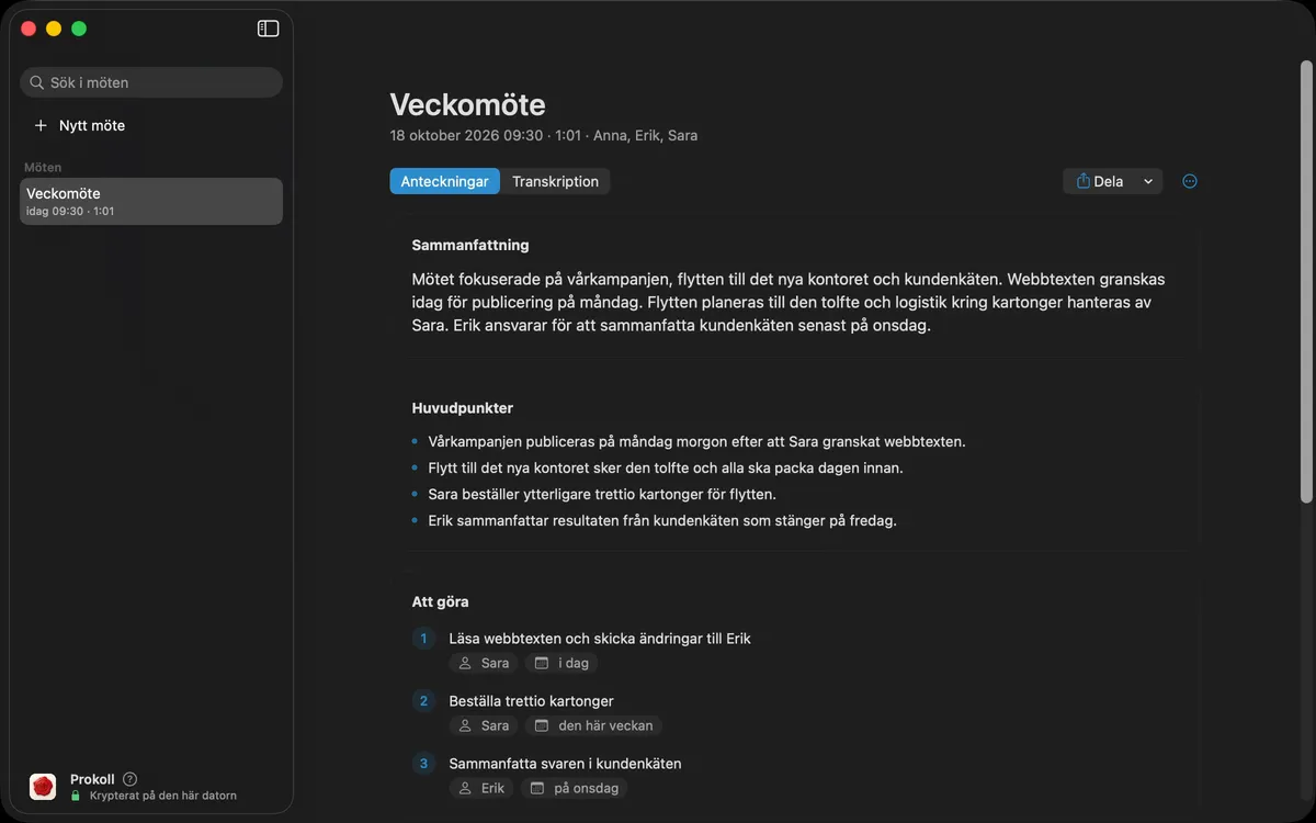Ett ord söks i alla möten, mötet där det finns öppnas, ett avsnitt av anteckningarna kopieras till ett mejl, och anteckningarna delas som PDF eller via e-post med knappen Dela.